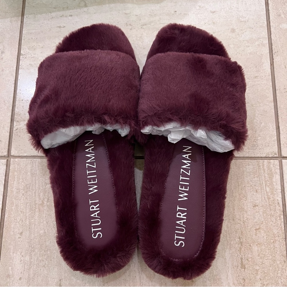Stuart Weitzman Elodie Chill Faux Fur Slide Sandal Cranberry Size 7
